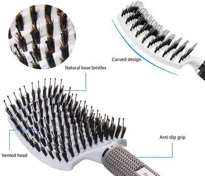 Boar Bristle Hair Brush Set – Curved and Vented for Wet and Dry Detangling Hair Brush for Women Long, Thick, Thin, Curly & Tangled Hair Vent Brush - Stocking Stuffers Gift Kit