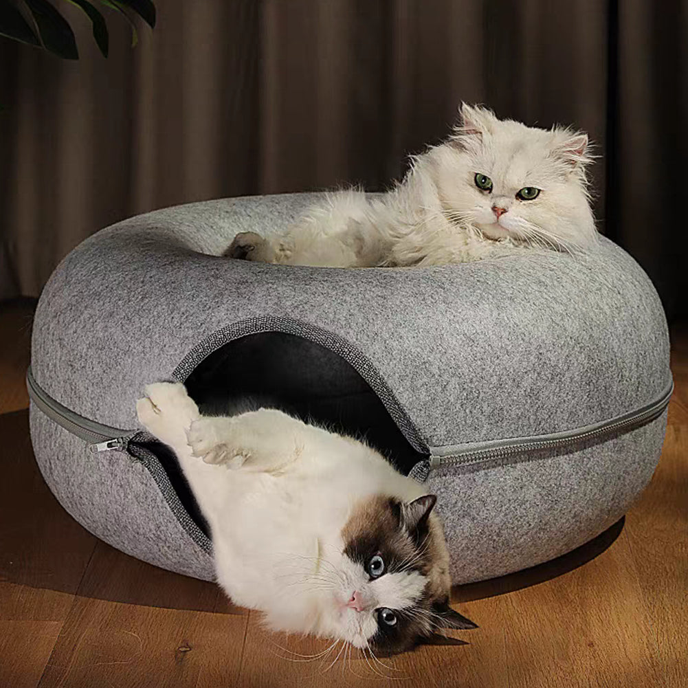 Large Cat Cave with 3 Toys Scratch Resistant Tunnel Bed up to 30 Lbs Dark Grey (24X24X11)