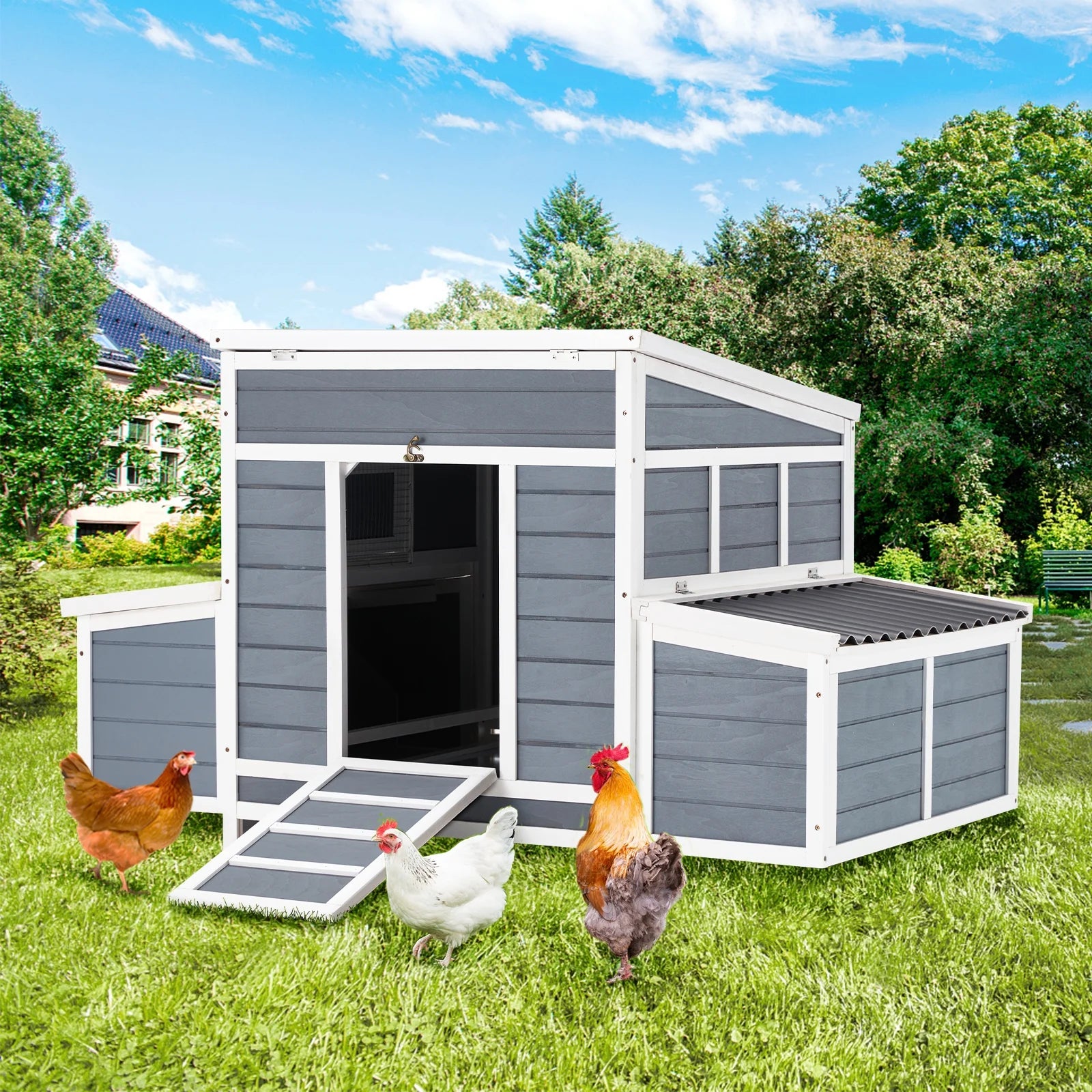 Chicken Coop 56" Large Wooden Chicken Hutch with 6 Nesting Boxes Outdoor Hen House Chicken Cage W/Ramps, Removable Tray for Easy Cleaning